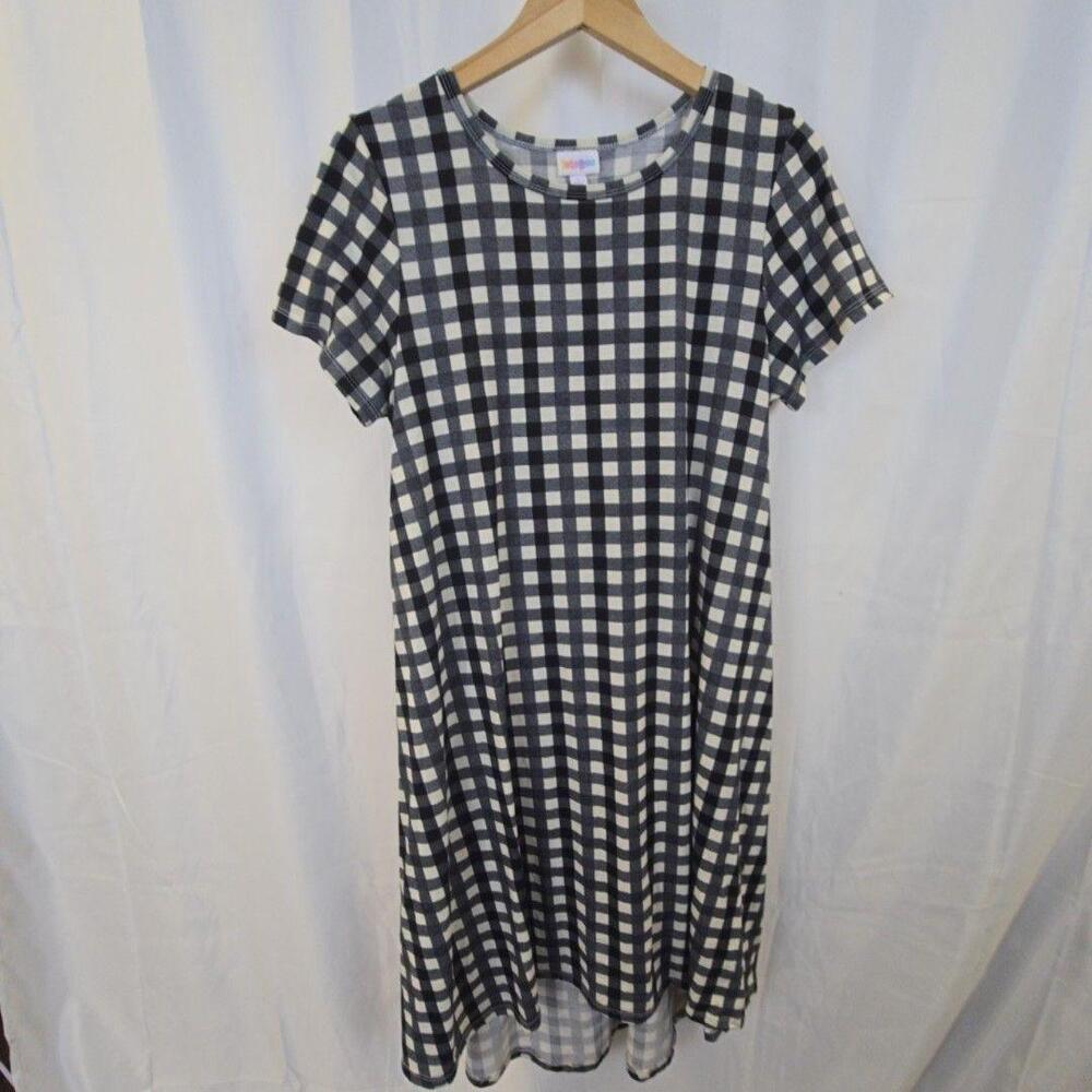 LuLaRoe Dress Womens Large Black Check Short Sleeve Swing T Shirt Midi Knit